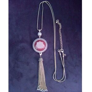 C&C Reversible Red Grey Faceted Stone Long Tassel Snake Chain Necklace Boho 30in